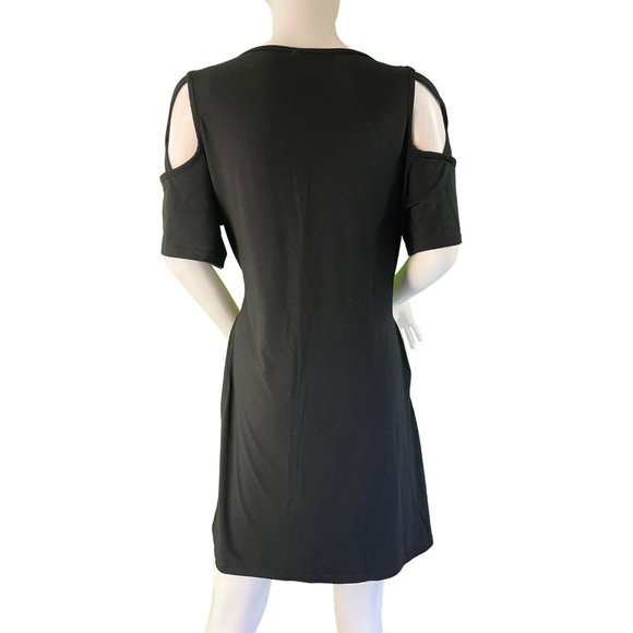 Women's Black Open Shoulder Dress, Knee Length, Hidden Pockets, XL - Picture 2 of 11